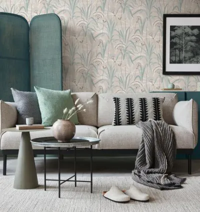 Papel Pintado French Affair Tropics Gris Crema Azul Metalizado