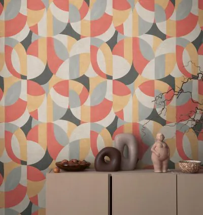 Papel Pintado Bauhaus Gráfico Gris Beige Rojo