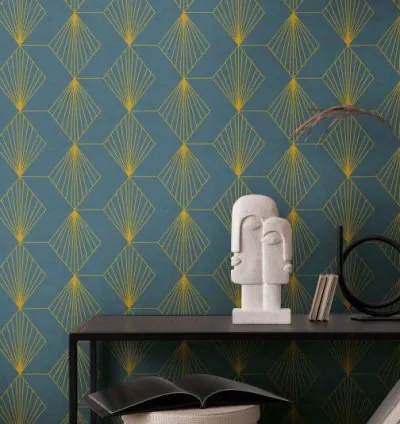 Papel Pintado French Affair Gráfico Art Déco Azul Dorado