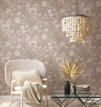 Papel Pintado Natural Living Floral Romántico Marrón Blanco